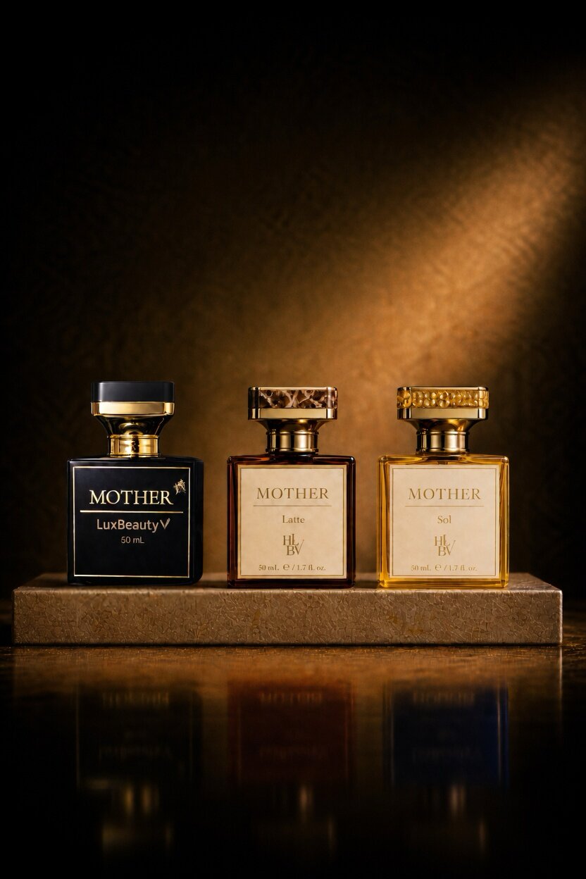 MOTHER editions — three fragrance bottles on a stone plinth.