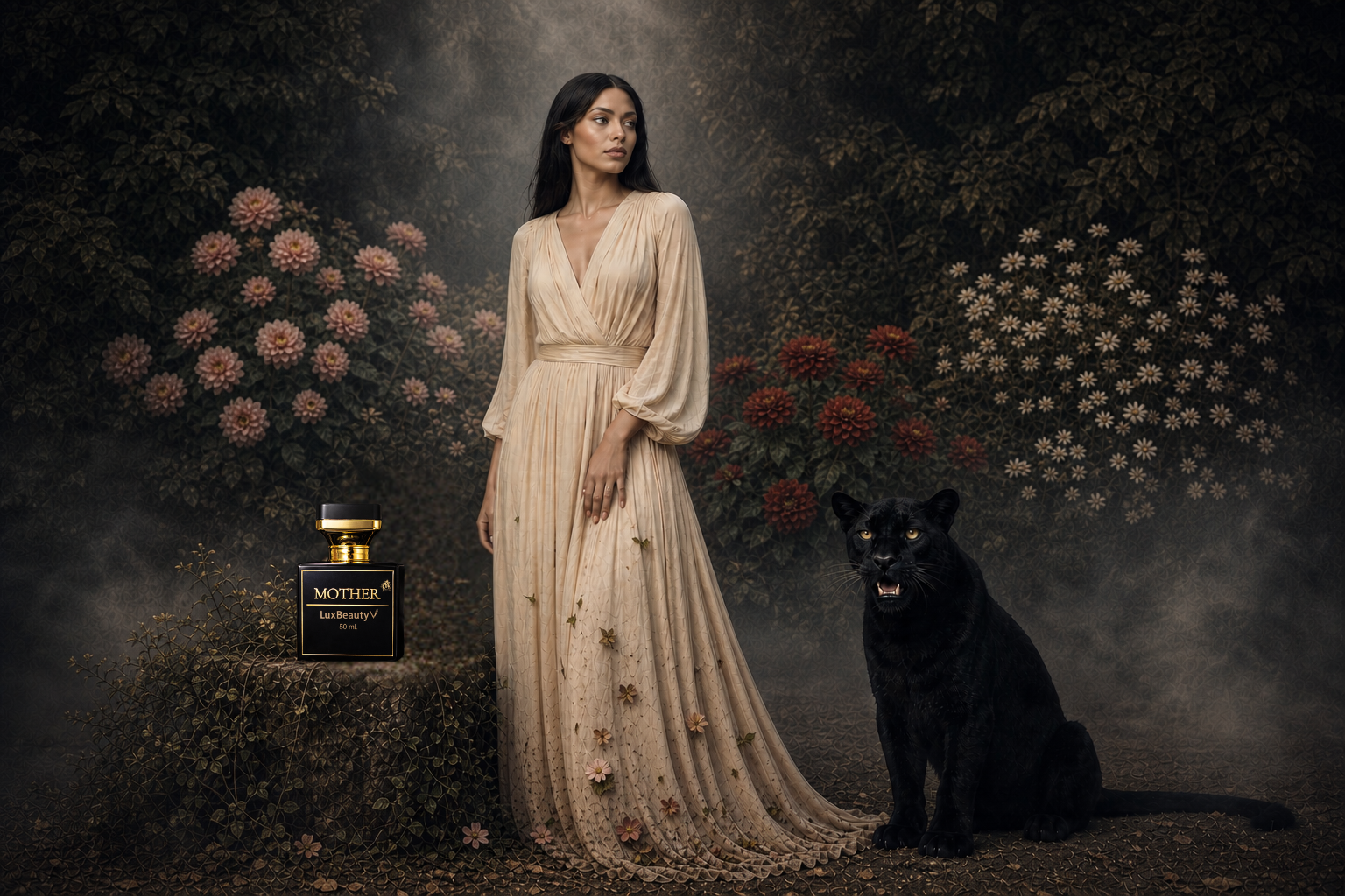 Patrice with the black panther in a flowering garden.